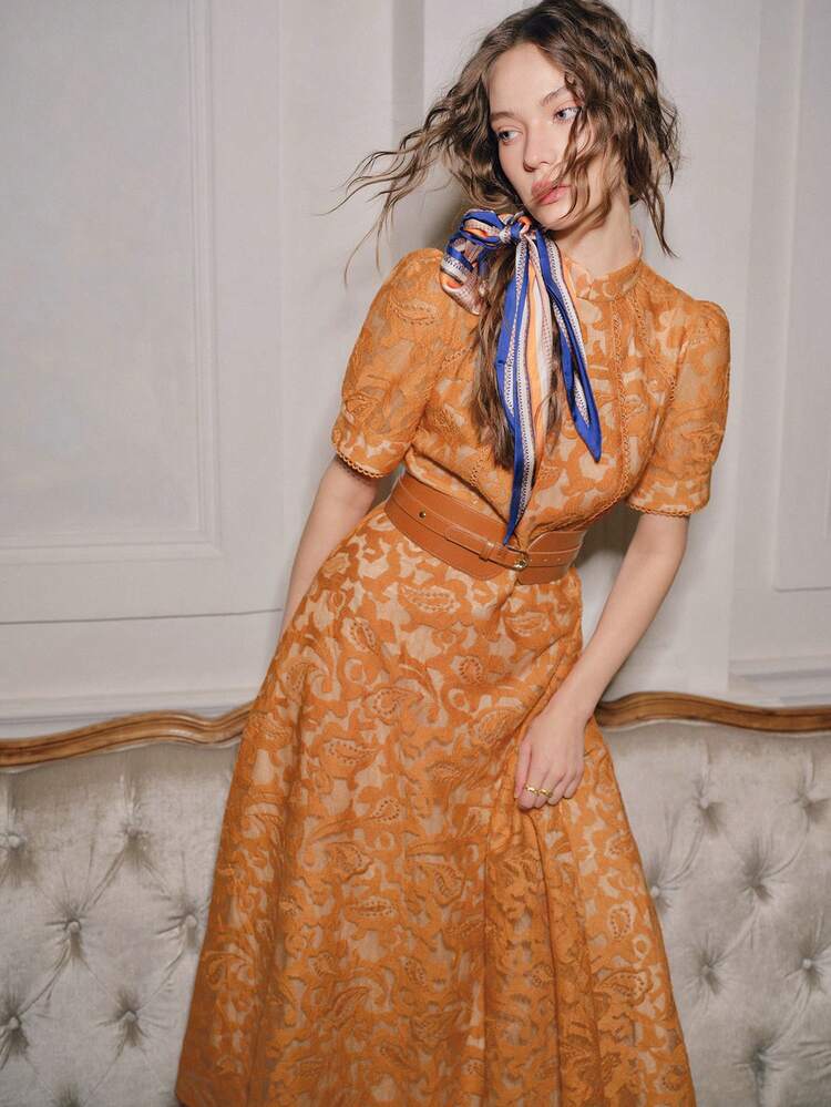 Spring/Summer New Women's Yellow High Neck Fitted Mesh A-Line Dress, Elegant Floral Embroidered Long Sleeve Dress, Vacation Outfits