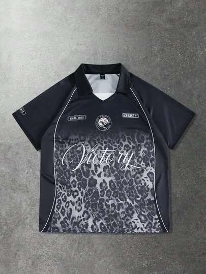 ROMWE MEN Street Life Men's Polo Shirt, Casual Sports Sakura & English Text Graphic Print Short Sleeve Polo Shirt