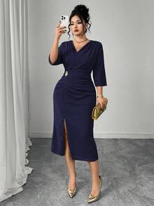 Modelyn Plus Size Women Solid Color Pleated Elegant Slim Waist Dress - Royal Blue - View 1