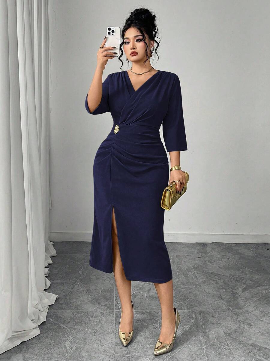 Modelyn Plus Size Women Solid Color Pleated Elegant Slim Waist Dress - Royal Blue - View 1
