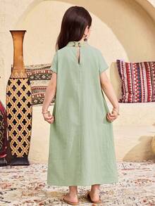 SHEIN 女童刺绣拼布流苏下摆A字连衣裙 - 綠色 - 查看 3