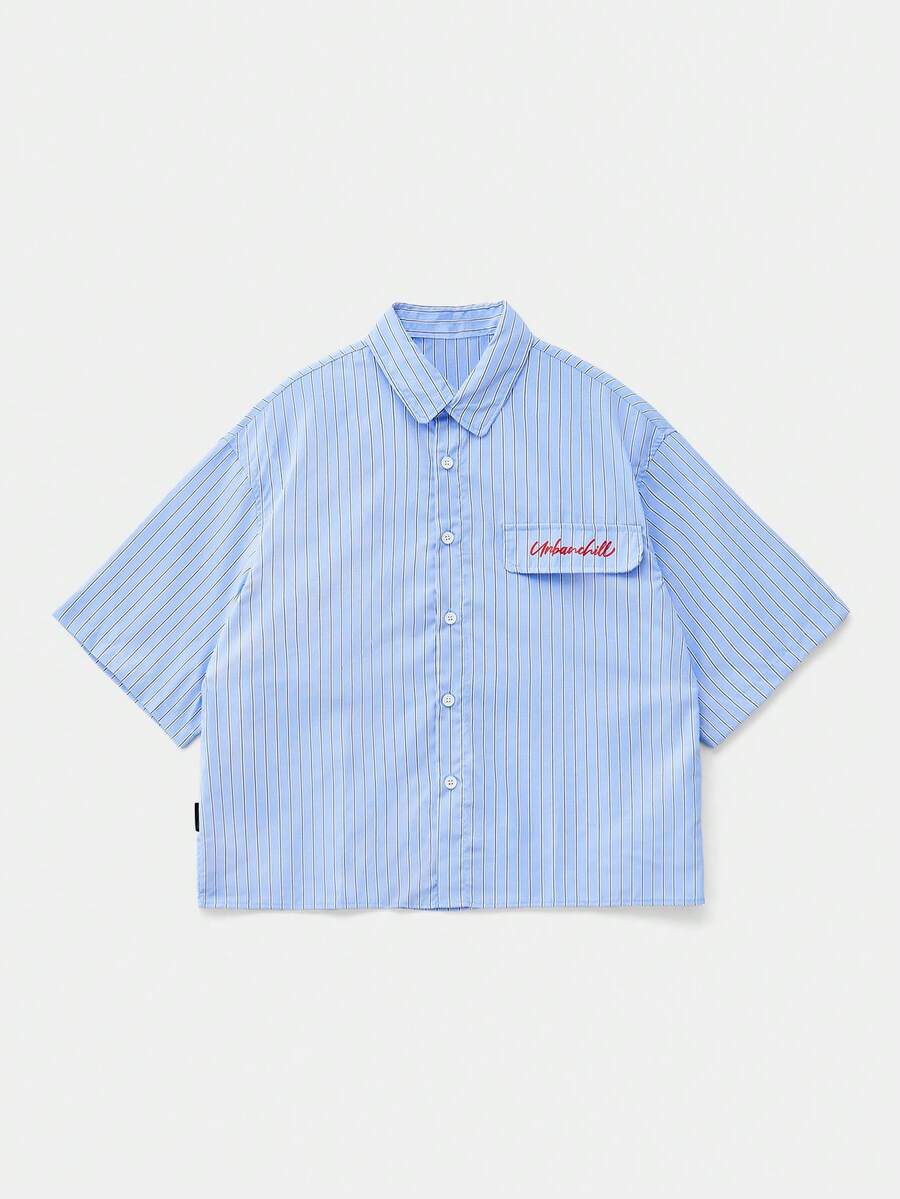 Manfinity RebelGame Men's Casual Striped Print Loose Fit Short Sleeve Shirt, Suitable For Spring And Summer - Mint Blue - View 1