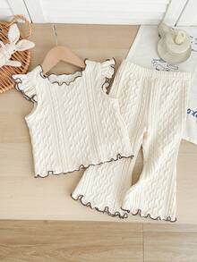 SHEIN 女婴可爱休闲杏色针织短袖上衣和松紧腰裤套装 - 杏色 - 查看 1