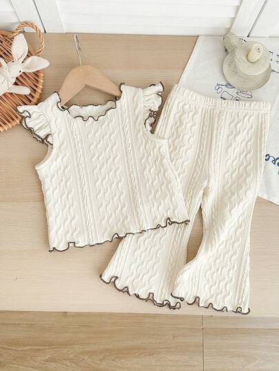 SHEIN Babygirl Cute Casual Apricot Knit Cap Sleeve Top And Elastic Waist Pants Set