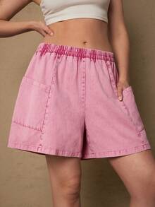 SHEIN VCAY 大码女式松紧腰宽松口袋休闲雪花印花短裤西部度假风女式情人节粉色裤子牛仔裤宽松松紧腰短裤女式粉色短裤女式夏季短裤 - 中紫紅色 - 查看 7