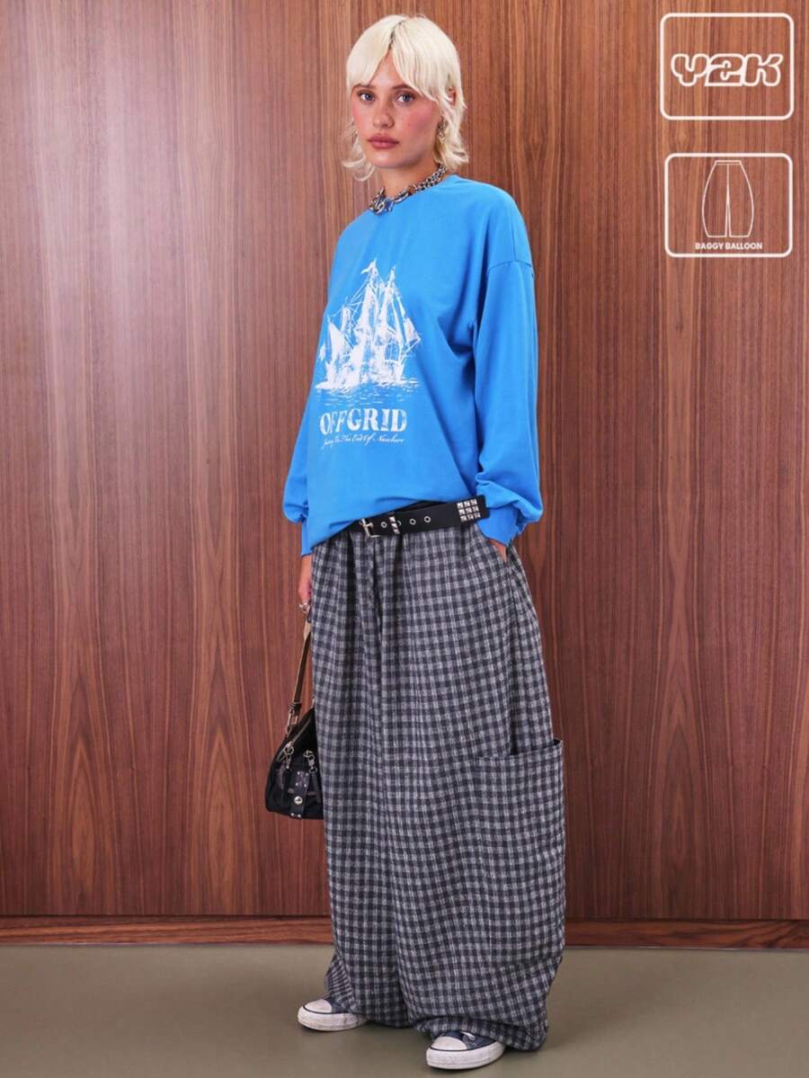 COUREZ Low Rise Baggy Balloon Trousers In Flannel Check /Y2K Going Out Outfits  Women Clothes  Clothes Spring Clothes Back To School Wide Leg Pants - Multicolor - View 1