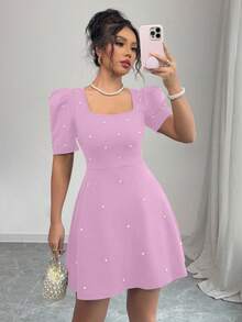 Elenzga Women's Square Neck Gigot Sleeve Beaded Mini Dress - Mauve Purple - View 1