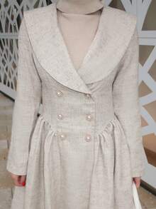 Durrani Popal Elegant & Chic French Style Lapel Long Sleeve Double-Breasted Pearl Button Decor Pleated A-Line Overcoat, Beige - Khaki - View 3