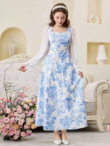 SHEIN Pitira Đầm dài tay kiểu dáng thường ngày bằng chiffon in hoa cho thiếu nữ - Xanh và trắng - Xem 6