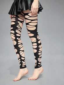 ROMWE Grunge Punk 一套朋克风套装，一双简约纯色网眼渔网袜 + 一双白色破洞连裤袜，Y2K风格紧身裤组合，适合日常、派对和音乐节穿着。 - 黑色小網破洞襪 - 查看 5