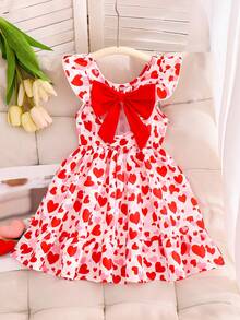 Elladie kids Valentine's Day  Girls' Elegant Red Heart Print Round Neck Puff Sleeve Hollow Back Bow Decor Waist Ruffle Hem Casual Dress, Suitable For Vacation, Travel, Summer, Valentine's Day Red Dress Little Girl Party Dress Girls Valentine Dress Toddler Heart Print Dress Kids Ruffle Short Sleeve Dress Girl Bow Dress Heart Print Dress Girl Cute Dress For Girls Fuffle Strap Dress Girls Valentines Dress Ruffle Dress Girl Heart Print Dress Casual Dress For Girl - Red - View 2