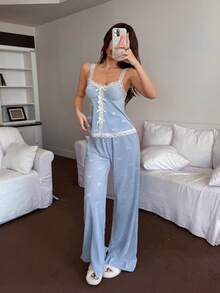 Dream Adore 2pcs/Set Velvet Embossed Romantic & Fresh Style Camisole Pajamas, Winter Light Blue Pajama Set - Baby Blue - View 2