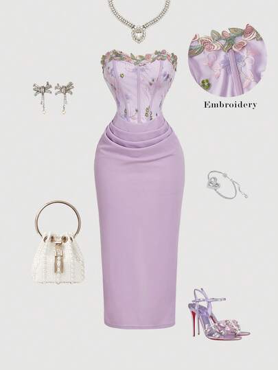 SHEIN MOD Vestido midi sin mangas con bordado floral y patchwork elegante para mujer, uso diario casual