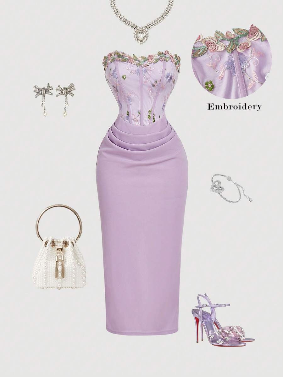 SHEIN MOD 女士优雅花卉刺绣拼接无袖中长连衣裙，休闲日常穿着 - 紫色 - 查看 1