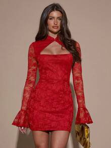 SHEIN BAE Vestido mini sexy y elegante de mujer con encaje calado - Rojo - Ver 4