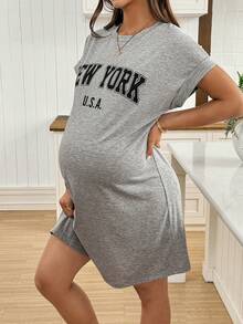 SHEIN 夏季孕妇休闲字母印花蝙蝠袖连衣裙 - 灰色 - 查看 3