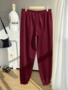 Comfortcana Red Plus Size Women's Thermal Lined Printed Sweatpants, Autumn/Winter - Red - View 2