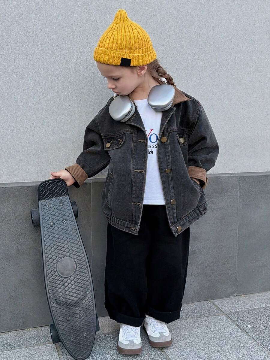 DAZY Young Girls Contrast Color Casual Washed Korean Style Denim Blouse - Dark Grey - View 1