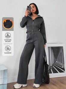 EURMUSE WOMAN COSY TWO PIECES LOUNGEWEAR WITH DOUBLE SIDE ZIPPER - Grey - View 1
