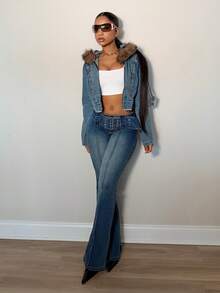 Jeanoix Y2K Casual Washed Low Waist Flare Leg Jeans - Medium Wash - View 5