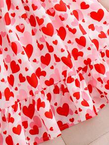 Elladie kids Valentine's Day  Girls' Elegant Red Heart Print Round Neck Puff Sleeve Hollow Back Bow Decor Waist Ruffle Hem Casual Dress, Suitable For Vacation, Travel, Summer, Valentine's Day Red Dress Little Girl Party Dress Girls Valentine Dress Toddler Heart Print Dress Kids Ruffle Short Sleeve Dress Girl Bow Dress Heart Print Dress Girl Cute Dress For Girls Fuffle Strap Dress Girls Valentines Dress Ruffle Dress Girl Heart Print Dress Casual Dress For Girl - Red - View 3