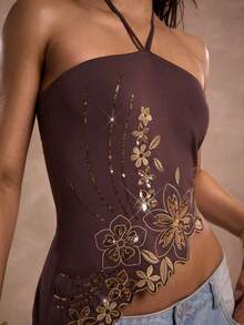 SHEIN BAE Áo kiểu nữ gợi cảm đính sequin, thêu hoa, vạt lệch, cổ yếm, thích hợp cho mùa hè, kỳ nghỉ xuân, lễ hội năm 2026, áo đi chơi, áo dự tiệc, áo phong cách Y2K, áo màu nâu, áo đi nghỉ mát cho nữ, áo đi biển cho nữ. - màu nâu - Xem 1