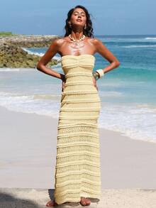 Opulessa 女士纯色针织吊带修身连衣裙 - 黃色 - 查看 3