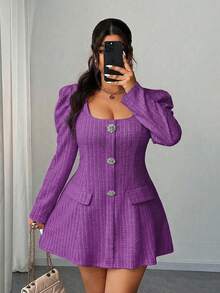 Elenzga Đầm ngắn tay dài thanh lịch, lãng mạn, đính hoa kim cương dành cho nữ cỡ lớn, thích hợp cho tiệc tùng, mùa thu/đông. - Màu tím - Xem 2