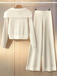 Franclia Women's White Basic 2-Piece Set,Autumn Back-To-School Graduation Reggae Elegant Collared Raglan Sleeve Jacket,Bow Tie Pocket Straight Leg Pants Plus - Apricot - View 2
