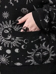 ROMWE Goth Áo khoác cardigan dệt kim Jacquard hình ngôi sao và mặt trăng bí ẩn dành cho phụ nữ ngoại cỡ, màu xám - Xám - Xem 2
