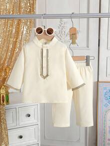 SHEIN 2pcs/Set Baby Boy Infant Toddler Newborn Spring/Summer Floral Trim Long Sleeve Casual Shirt With Matching Pants Set, Suitable For Outings, Comfortable Home Wear, Light Sports, And Birthday Party Muslim Baby Boy Clothes Baby Boy Party Wear Baby Arabic Clothing Baby Boys Outfit - Apricot - View 3