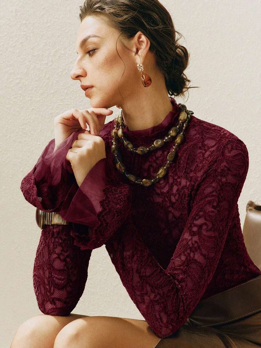 Arave 女士天鹅绒蕾丝撞色网纱双层喇叭袖口修身优雅绿色长袖打底衫，秋季女装 - 紅色 - 查看 1