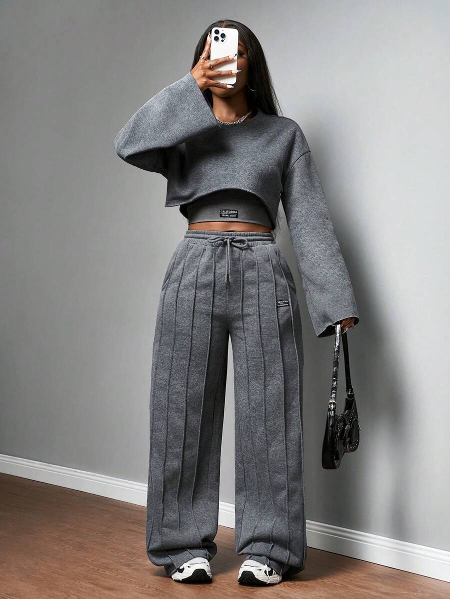 Slaydiva 2025 Autumn/Winter Casual All-Match Versatile Streetwear & Commute Long Sleeve Top & Pants Women's 3-Piece Fleece Sweatshirt & Trousers Set, Dark Gray Womans 2 Piece Outfit Grey Two Piece Set - Dark Grey - View 1