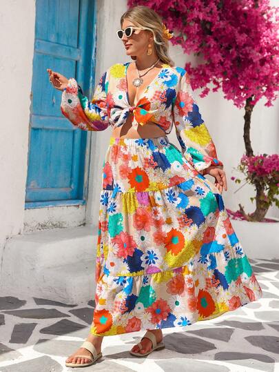 Vivid Eden Plus Size 2pcs Set: Floral Print Tie-Up Cropped Shirt & Mini Skirt, Casual Holiday Outfit