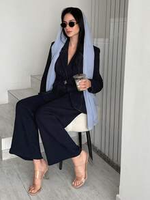 Modelyn 女士翻领长袖单扣西装外套和裤子优雅套装 - 藏蓝色 - 查看 6