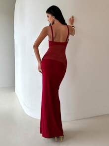 Aloruh Women's Elegant Sexy Romantic Sheer Mesh Patchwork Dress, Suitable For Valentine's Day, Party, Outing, Spring/Summer - Red - View 2