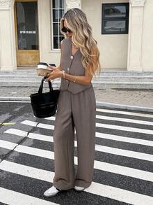 Serisse 女士金属单排扣马甲和裤子休闲两件套 - 棕色 - 查看 4