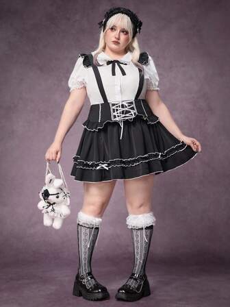 Goth Plus Size Fashionable & Sweet Bow Decor Criss-Cross Tie Waist Skirt