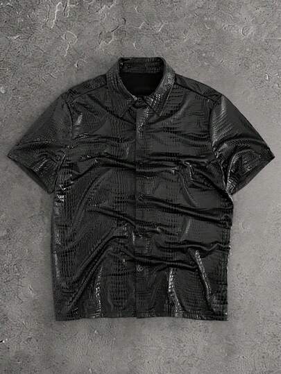 HIMLAND Men's Faux Crocodile Texture Short Sleeve Single-Breasted Casual Shirt