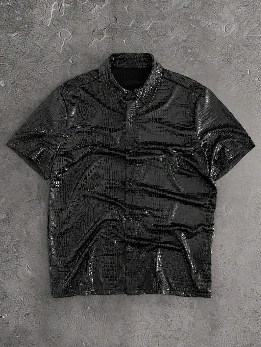 HIMLAND Men's Faux Crocodile Texture Short Sleeve Single-Breasted Casual Shirt - Multicolor - View 1