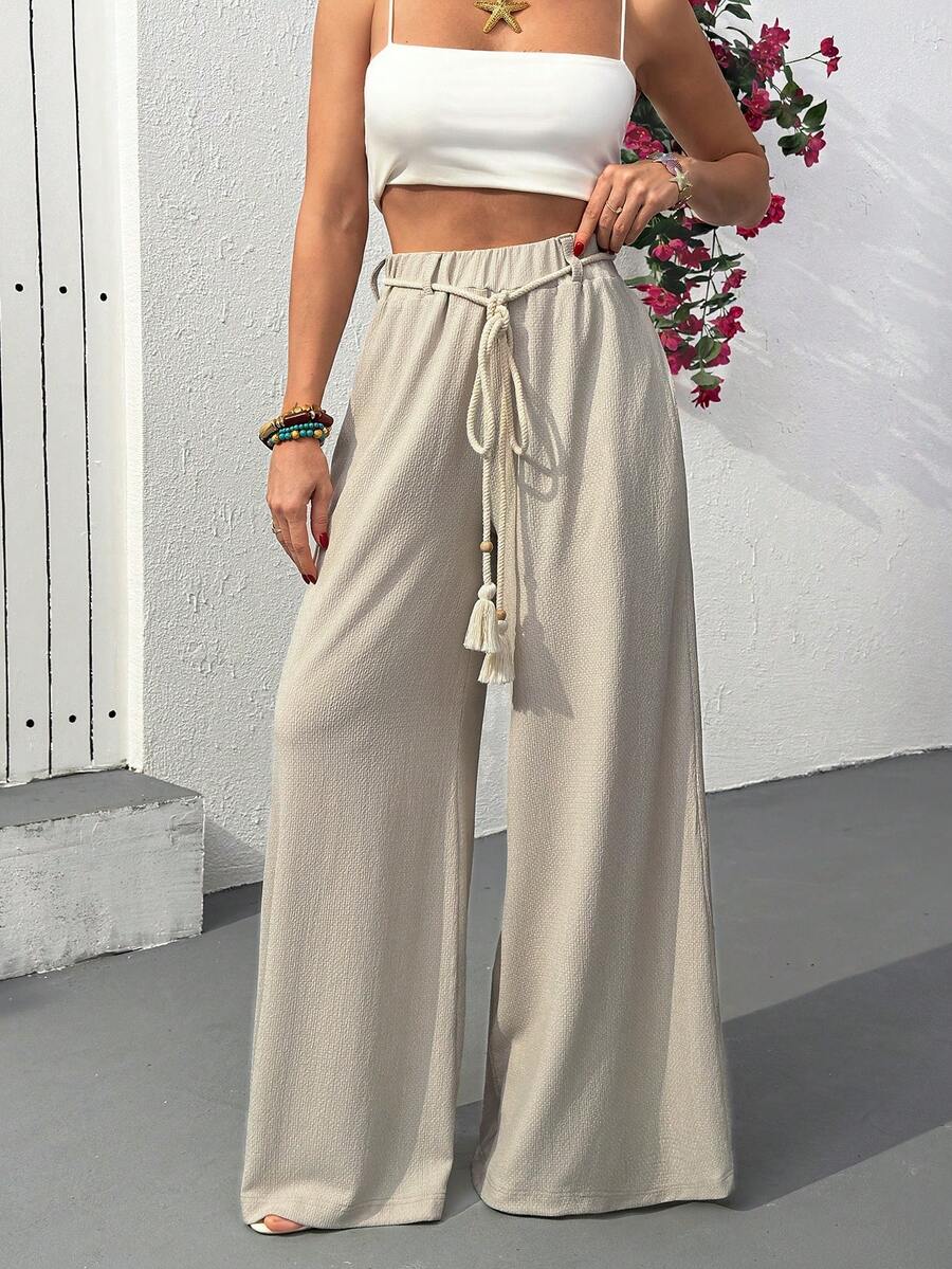 Cloudara Rope Detailed Wide Leg Pants Fake Linen - White - View 1
