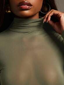 Hauture Fall Sexy Mob Wife Party Stretch Sheer High Neck Collared Extra Long Sleeve Bodysuit - Army Green - View 4