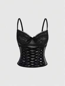 Sweetness Top corto casual de primavera/verano con diseño de decoración de tirantes con aros de ballena, adecuado para festivales de música - Negro - Ver 5