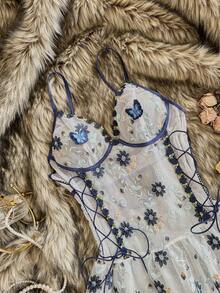 FloralLove 花卉刺绣拼接薄纱系带性感睡裙（女士款） - 藏蓝色 - 查看 6