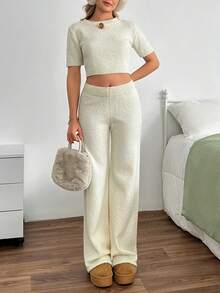 EURMUSE Cream Textured Knit Crop Top & Midi Skirt Two Pieces Set - Apricot - View 6