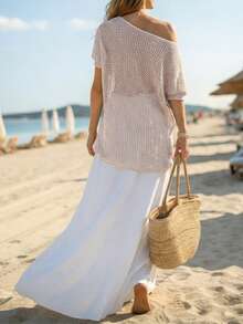 Breezaya Spring/Summer New Asymmetric Shoulder Sleeve Hollow Knit Semi-Sheer Casual Women Pullover Sweater - Camel - View 2