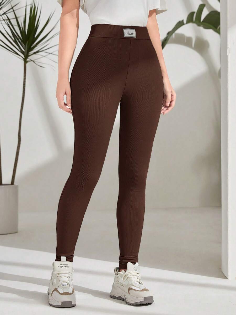 Mulvari Quần legging dài nữ in chữ, kiểu dáng thường ngày, đa năng. - màu nâu - Xem 1