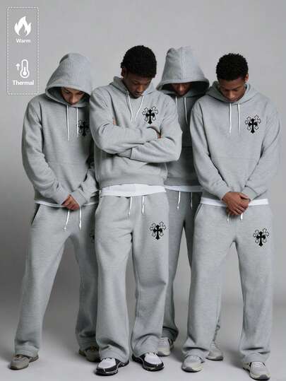 Manfinity EMRG Men's Printed Casual Long Sleeve Hoodie And Pants Set Men's Street Wear Sets Men Sweatsuits Men Hoodie Set