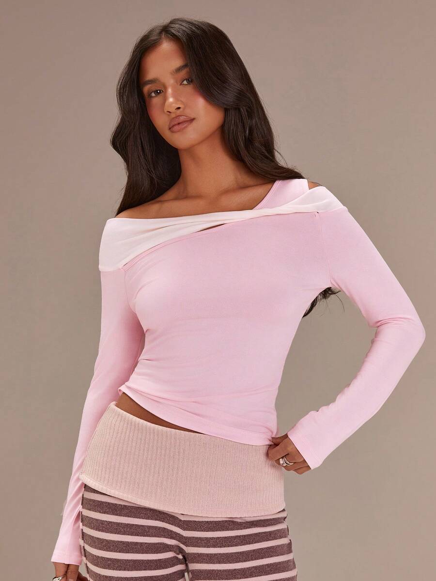 Athîral Top de Moda Feminina com Decote Assimétrico, Manga Longa e Ajuste Slim, com Design Ombro Caído Assimétrico, Tecido Macio e Confortável, Ajuste Slim, Ideal para o Dia dos Namorados, Adequada para Uso Casual em Casa ou Passeios, Top Rosa, Verão para Mulheres - Multicolorido - Visão 1