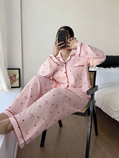Dream Adore Plus Size Pink Leopard Heart Print Shirt Style Cardigan Pajama Set